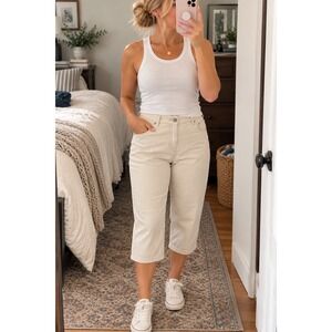 LOGO by Lori Goldstein Jeans Womens 16P Cream Wide Leg Crop Petite Stretch